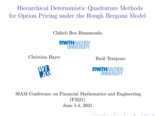 Hierarchical Deterministic Quadrature Methods
for Option Pricing under the Rough Bergomi Model
Chiheb Ben Hammouda
Christian Bayer Raúl Tempone
SIAM Conference on Financial Mathematics and Engineering
(FM21)
June 1-4, 2021
 