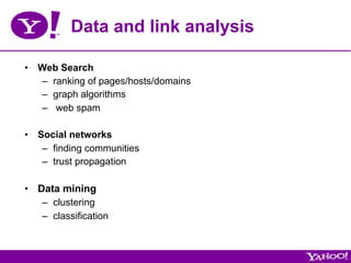 Data and link analysis

•  Web Search
   –  ranking of pages/hosts/domains
   –  graph algorithms
   –  web spam

•  Social networks
    –  finding communities
    –  trust propagation

•  Data mining
    –  clustering
    –  classification
 