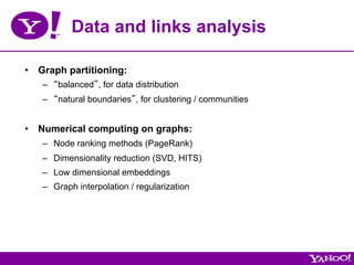 Data and links analysis

•  Graph partitioning:
   –  “balanced”, for data distribution
   –  “natural boundaries”, for clustering / communities


•  Numerical computing on graphs:
   –  Node ranking methods (PageRank)
   –  Dimensionality reduction (SVD, HITS)
   –  Low dimensional embeddings
   –  Graph interpolation / regularization
 
