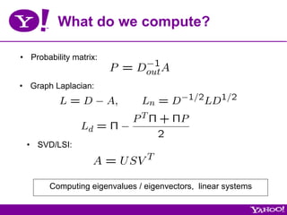 What do we compute?

•  Probability matrix:


•  Graph Laplacian:




 •  SVD/LSI:



        Computing eigenvalues / eigenvectors, linear systems
 