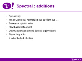 Spectral : additions

•  Recursively
•  Min cut, ratio cut, normalized cut, quotient cut, …
•  Sweep for optimal value
•  Flow based refinement
•  Optimize partition among several eigenvectors
•  Bi-partite graphs
•  + other bells & whistles
 