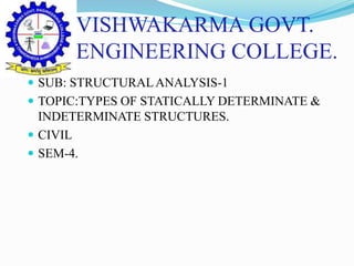 VISHWAKARMA GOVT.
ENGINEERING COLLEGE.
 SUB: STRUCTURALANALYSIS-1
 TOPIC:TYPES OF STATICALLY DETERMINATE &
INDETERMINATE STRUCTURES.
 CIVIL
 SEM-4.
 