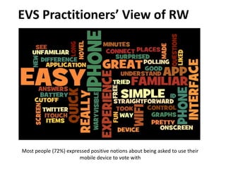 EVS Practitioners’ View of RW




Most people (72%) expressed positive notions about being asked to use their
                       mobile device to vote with
 