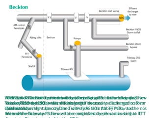Ideally flow travels down the nos, enters Beckton inlet works, gets
treated and the effluent is discharged to river
The nos flow might be combined with flow from Abbey Mills, and
Meanwhile to protect the nos there might also be flow diverting to TTT
If Beckton starts to reach capacity (there is an F5 at the inlet wks) flow
can be diverted to the storm tanks and if necessary discharged to River
(untreated).
If LTT levels at Beckton reach a certain point,, it can discharge to River
via the Tideway CSO (weir).
If Beckton has the capacity, the Tideway PS lifts the TTT flow to the nos
for treatment.
When the TTT is built, there will be discharge point lower than the
Tideway CSO (weir), so this will no longer be used to discharge in storm
conditions.
Instead the Tideway PS flow will be controlled by penstocks so that it
Beckton
 