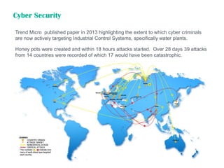 Cyber Security
Trend Micro published paper in 2013 highlighting the extent to which cyber criminals
are now actively targeting Industrial Control Systems, specifically water plants.
Honey pots were created and within 18 hours attacks started. Over 28 days 39 attacks
from 14 countries were recorded of which 17 would have been catastrophic.
 