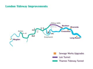 London Tideway Improvements
Riverside
Long Reach
Mogden
Crossness
Sewage Works Upgrades
Lee Tunnel
Thames Tideway Tunnel
Beckton
 
