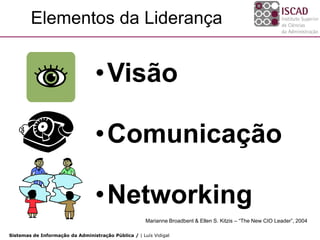 Elementos da Liderança


                                  •Visão

                                  •Comunicação

                                  •Networking
                                                      Marianne Broadbent & Ellen S. Kitzis – “The New CIO Leader”, 2004

Sistemas de Informação da Administração Pública / | Luís Vidigal
 