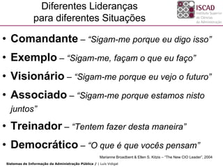 Diferentes Lideranças
               para diferentes Situações

• Comandante – “Sigam-me porque eu digo isso”
• Exemplo – “Sigam-me, façam o que eu faço”
• Visionário – “Sigam-me porque eu vejo o futuro”
• Associado – “Sigam-me porque estamos nisto
  juntos”

• Treinador – “Tentem fazer desta maneira”
• Democrático – “O que é que vocês pensam”
                                                     Marianne Broadbent & Ellen S. Kitzis – “The New CIO Leader”, 2004
Sistemas de Informação da Administração Pública / | Luís Vidigal
 