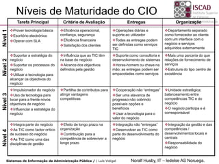 Níveis de Maturidade do CIO
              Tarefa Principal            Critério de Avaliação                  Entregas                    Organização
          Prover tecnologia básica      Eficiência operacional,        Operações diárias e          Departamento separado
Nível 1




          Escritório electrónico        confiança, segurança            suporte ao utilizador         como fornecedor ao cliente
          Operar com SLA                Eficiência financeira          Todas as entregas podem      com um interface com o
                                         Satisfação dos clientes        ser definidas como serviços   negócio e serviços
                                                                         TIC                           adquiridos externamente

          Suportar a estratégia do      Influência que as TIC têm      Suporte como consultoria e   Mais uma parceria do que
          negócio                        na base do negócio              desenvolvimento de sistemas   relações de fornecimento de
Nível 2




          Suportar os processos do      Alcance dos objectivos         Horas-homem ou chave na      serviços
          negócio                        definidos pela gestão           mão; as entregas podem ser    Estrutura do tipo centro de
          Utilizar a tecnologia para                                    empacotadas como serviços     excelência
          alcançar os objectivos do
          negócio
          Impulsionador do negócio      Partilha de contributos para   Cooperação não “entregas”    Unidade estratégica;
Nível 3




          Uso da tecnologia para        atingir vantagens               Ser uma alavanca de          balanceamento entre
          tocar para a frente novos      competitivas                    progresso não cobrindo        competências TIC e do
          objectivos de negócio                                          possíveis opções e            negócio
          Influenciar a estratégia do                                   benefícios                    O negócio participa e é
          negócio                                                        Usar a tecnologia para o     corresponsável
                                                                         valor do negócio
          Integra parte do negócio      Efeito de longo prazo na       Integração não “entregas”    Integração da gestão e das
          As TIC como factor crítico    organização                     Desenvolver as TIC como      competências /
Nível 4




          de sucesso do negócio          Contribuição para a            parte do desenvolvimento do   desenvolvimentos locais e
          As TIC como uma das           competência de sobreviver a     negócio                       centrais
          disciplinas de gestão          longo prazo                                                   Responsabilidade do
                                                                                                       negócio


     Sistemas de Informação da Administração Pública / | Luís Vidigal               Noralf Husby, IT – ledelse AS Noruega.
 