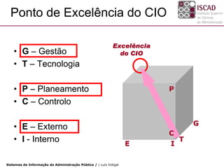 Ponto de Excelência do CIO

                                                            Excelência
    • G – Gestão                                              do CIO
    • T – Tecnologia

    • P – Planeamento                                                    P
    • C – Controlo

                                                                                 G
    • E – Externo
                                                                         C
    • I - Interno                                                  E     I
                                                                             T


Sistemas de Informação da Administração Pública / | Luís Vidigal
 