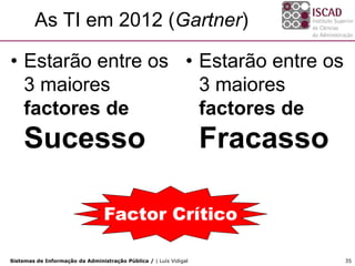 As TI em 2012 (Gartner)

• Estarão entre os • Estarão entre os
  3 maiores          3 maiores
  factores de        factores de
    Sucesso                                                        Fracasso

                                 Factor Crítico

Sistemas de Informação da Administração Pública / | Luís Vidigal              35
 