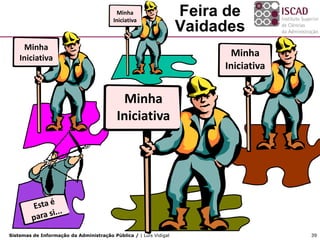 Minha
                                         Iniciativa
                                                                   Feira de
                                                                   Vaidades
     Minha
    Iniciativa                                                           Minha
                                                                        Iniciativa


                                           Minha
                                          Iniciativa




Sistemas de Informação da Administração Pública / | Luís Vidigal                     39
 