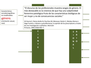 P
R
O
F
E
S
I
O
N
A
L
S
A
N
I
T
A
R
I
O
P
A
C
I
E
N
T
E
Características
sociodemográficas
no modificables
(género,
orientación sexual,
raza)
“El discurso de los profesionales muestra sesgos de género. El
más destacable es la creencia de que hay una subjetividad
femenina patológica fruto de las características biológicas de
ser mujer y no de consecuencias sociales.”
Gil García E, Romo Avilés N, Poo Ruiz M, Meneses Falcón C, Markez Alonso I,
Vega Fuente a. Género y psicofármacos: la opinión de los prescriptores a través
de una investigación cualitativa. Atención
Primaria. 2005;35(8):402–7.
 