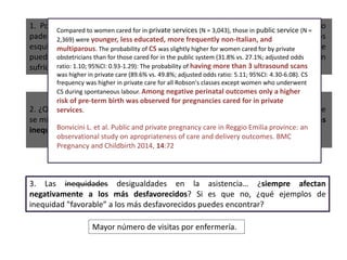3. Las inequidades desigualdades en la asistencia… ¿siempre afectan
negativamente a los más desfavorecidos? Si es que no, ¿qué ejemplos de
inequidad "favorable” a los más desfavorecidos puedes encontrar?
1. Posiblemente uno de los casos más claros de trato inequitativo e injusto lo
padecen los pacientes con diagnósticos psiquiátricos, especialmente los
esquizofrénicos –con los cual nos cuesta aún más empatizar- ¿De qué manera se
puede abordar desde tu consulta y desde tu centro de trabajo la discriminación
sufrida por los pacientes con enfermedad mental?
2. ¿Qué indicador(es) crees que podrías proponer en tu centro de trabajo para que
se midiera(n) de forma que se pudiera evaluar el desempeño en la reducción de las
inequidades en el proceso clínico?
Mayor número de visitas por enfermería.
Compared to women cared for in private services (N = 3,043), those in public service (N =
2,369) were younger, less educated, more frequently non-Italian, and
multiparous. The probability of CS was slightly higher for women cared for by private
obstetricians than for those cared for in the public system (31.8% vs. 27.1%; adjusted odds
ratio: 1.10; 95%CI: 0.93-1.29): The probability of having more than 3 ultrasound scans
was higher in private care (89.6% vs. 49.8%; adjusted odds ratio: 5.11; 95%CI: 4.30-6.08). CS
frequency was higher in private care for all Robson's classes except women who underwent
CS during spontaneous labour. Among negative perinatal outcomes only a higher
risk of pre-term birth was observed for pregnancies cared for in private
services.
Bonvicini L. et al. Public and private pregnancy care in Reggio Emilia province: an
observational study on apropriateness of care and delivery outcomes. BMC
Pregnancy and Childbirth 2014, 14:72
 
