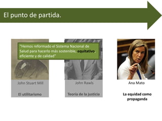 El punto de partida.
John Stuart Mill
El utilitarismo
John Rawls
Teoría de la justicia
Ana Mato
La equidad como
propaganda
“Hemos reformado el Sistema Nacional de
Salud para hacerlo más sostenible, equitativo,
eficiente y de calidad”
 