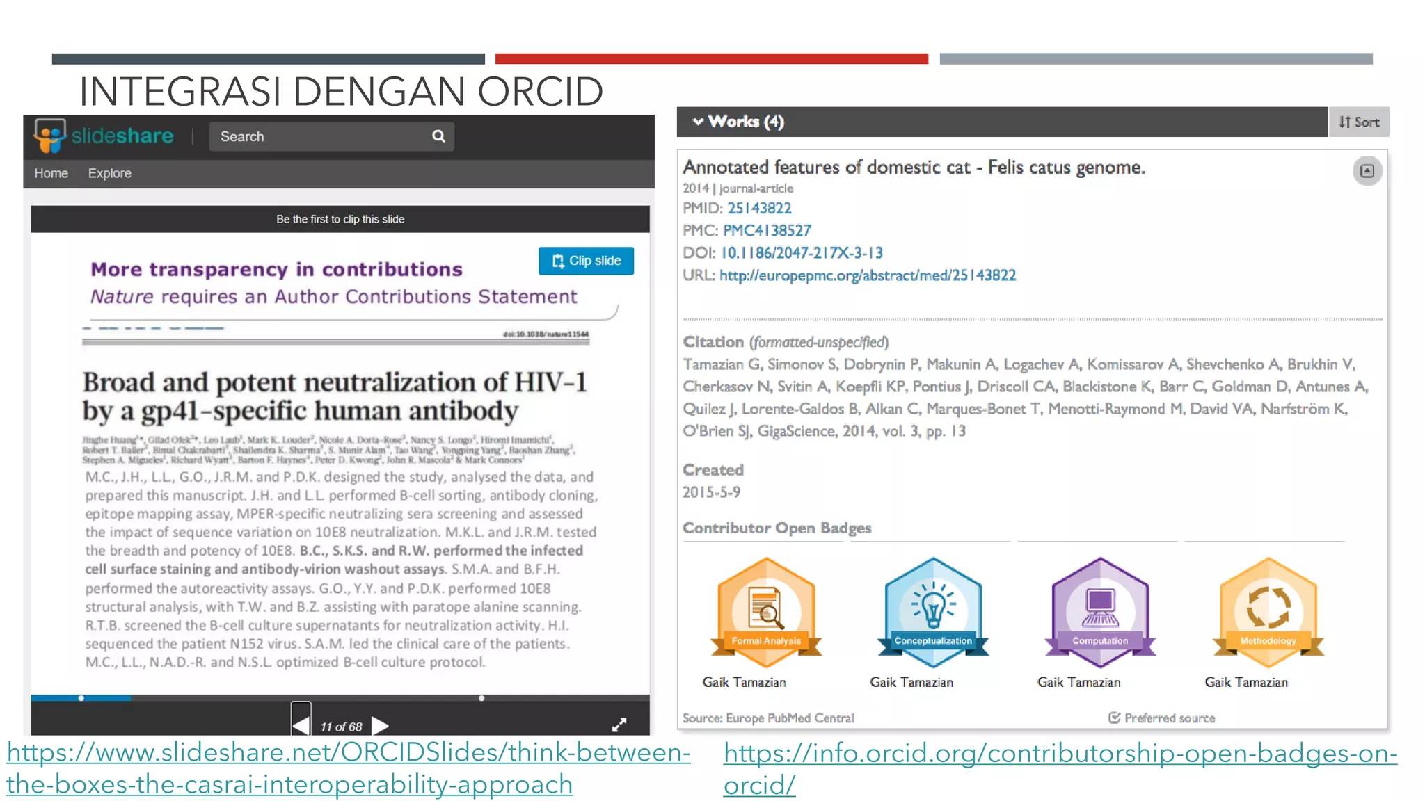 INTEGRASI DENGAN ORCID
https://www.slideshare.net/ORCIDSlides/think-between-
the-boxes-the-casrai-interoperability-approach
https://info.orcid.org/contributorship-open-badges-on-
orcid/
 