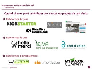 45
page
45
page
CONFIDENTIAL © 2014 Sia Partners
Les nouveaux business models du web
Le crowdfunding
1) Plateformes de dons
2) Plateformes de pret
3) Plateformes d’investissement
Quand chacun peut contribuer aux causes ou projets de son choix
 