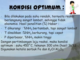 Kondisi Optimum :
• Bila dilakukan pada suhu rendah, ternyata reaksi
berlangsung sangat lambat, sehingga tidak
ekonomis. Hasil penelitian (%) Haber :
• T dikurangi : %NH3 bertambah, tapi sangat lambat
• T dinaikkan :%NH3 berkurang, tapi cepat
• P diperbesar, %NH3 makin tinggi
Dengan pertimbangan laju reaksi, maka kondisi
optimum : suhu 450˚C, tekanan 300 atm (hasil 36%).
Digunakan katalis serbuk Fe dan K2O/Al2O3
 