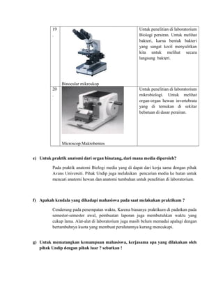 19
.
Binocular mikroskop
Untuk penelitian di laboratorium
Biologi perairan. Untuk melihat
bakteri, karna bentuk bakteri
yang sangat kecil menyulitkan
kita untuk melihat secara
langsung bakteri.
20
.
Microscop Makrobentos
Untuk penelitian di laboratorium
mikrobiologi. Untuk melihat
organ-organ hewan invertebrata
yang di temukan di sekitar
bebatuan di dasar perairan.
e) Untuk praktik anatomi dari organ binatang, dari mana media diperoleh?
Pada praktik anatomi Biologi media yang di dapat dari kerja sama dengan pihak
Avans Universiti. Pihak Undip juga melakukan pencarian media ke hutan untuk
mencari anatomi hewan dan anatomi tumbuhan untuk penelitian di laboratorium.
f) Apakah kendala yang dihadapi mahasiswa pada saat melakukan praktikum ?
Cenderung pada penempatan waktu, Karena biasanya praktikum di padatkan pada
semester-semester awal, pembuatan laporan juga membutuhkan waktu yang
cukup lama. Alat-alat di laboratorium juga masih belum memadai apalagi dengan
bertambahnya kuota yang membuat peralatannya kurang mencukupi.
g) Untuk mematangkan kemampuan mahasiswa, kerjasama apa yang dilakukan oleh
pihak Undip dengan pihak luar ? sebutkan !
 