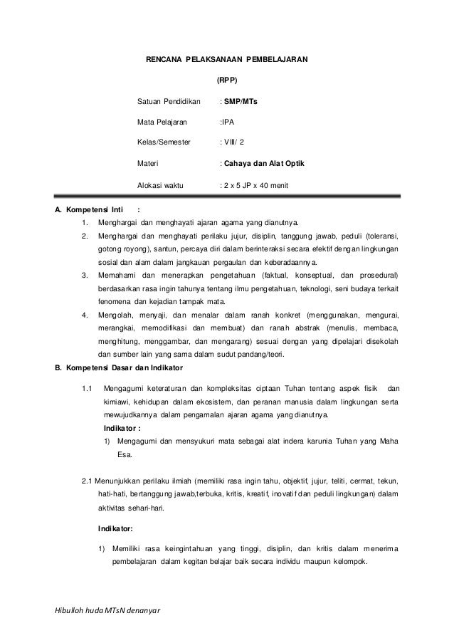 Hisbulloh Huda M Si Mtsn Denanyar Jombang Rpp Lp Cahaya Dan Alat