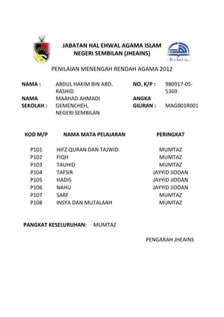 JABATAN HAL EHWAL AGAMA ISLAM
                  NEGERI SEMBILAN (JHEAINS)

            PENILAIAN MENENGAH RENDAH AGAMA 201...