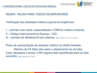 ⇒ CRITÉRIOS PARA ACEITE DO ATESTADO MÉDICO

REGRA VÁLIDA PARA TODOS OS SERVIDORES
Verificação dos atestados médicos quanto às exigências:
I – carimbo com nome, especialidade e CRM do médico emitente;
II – Código Internacional da Doença – CID;
III – período de afastamento por extenso. (DEC. 2297-R, art. 3º, § 1º e art. 9º)
Prazo de apresentação do atestado médico na chefia imediata
Máximo de 03 (três) dias após o afastamento do servidor.
Caso ultrapasse o prazo, o RH registra falta injustificada para os dias
ausentes. (DEC. 2297-R, art. 3º, § 2º)

 