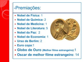 -Premiações:
 Nobel de Física: 1
 Nobel de Química: 2
 Nobel de Medicina: 1
 Nobel de Literatura: 5
 Nobel da Paz: 2
 Nobel de Economia: 1
 Urso de Berlim: 2
 Euro copa:1
 Globo de Ouro (Melhor filme estrangeiro):1
 Oscar de melhor filme estrangeiro: 14
 