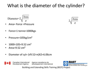 What is the diameter of the cylinder?ما هو قطر الأسطوانة؟القطر =Area= Force ÷Pressureالمساحة = القوة/ الضغطForce=1 tonne=1000kgsالقوة = 1طن= 1000كغمPressure=105kg/cm²الضغط = 105كغم/ سم2 1000÷105=9.52 cm²Area=9.52 cm²المساحة = 1000/105= 9.52سم2Diameter of cyl= (√9.52÷π)X2=6.06cmالقطر = 6.0617Building and Extending Skills Training (BEST) Project