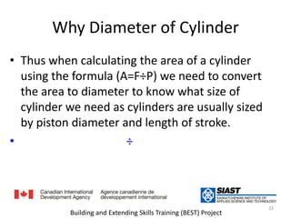 Why Diameter of CylinderThus when calculating the area of a cylinder using the formula (A=F÷P) we need to convert the area to diameter to know what size of cylinder we need as cylinders are usually sized by piston diameter and length of stroke. الضغط÷ولذلك فإن حساب المساحة = القوة يؤدي إلى حساب قطر الاسطوانة و عادة يستخدم في تحديد المكبس بالاضافةالى طول الدورة 22Building and Extending Skills Training (BEST) Project