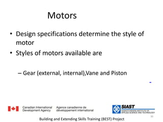 Ѵǳٴǰالمحركات  Design specifications determine the style of motorمواصفات التصميم تحدد طبيعة المحرك             Styles of motors available areأنواع المحركات الموجودة Gear (external, internal),Vane and Piston  - الترس (داخلي وخارجي) والدوارة والمكبس 30Building and Extending Skills Training (BEST) Project