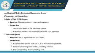 Architectural Model: Restaurant Management System
Components and Interactions:
1. Point of Sale (POS) System
o Function: Manages customer orders and payments.
o Interaction:
 Sends order details to the Inventory System.
 Communicates with Accounting Software for sales reporting.
2. Inventory System
o Function: Tracks ingredients and stock levels.
o Interactions:
 Receives order updates from the POS to deduct used ingredients.
 Sends stock level updates to the Accounting Software.
 Provides inventory data to reporting tools.
 
