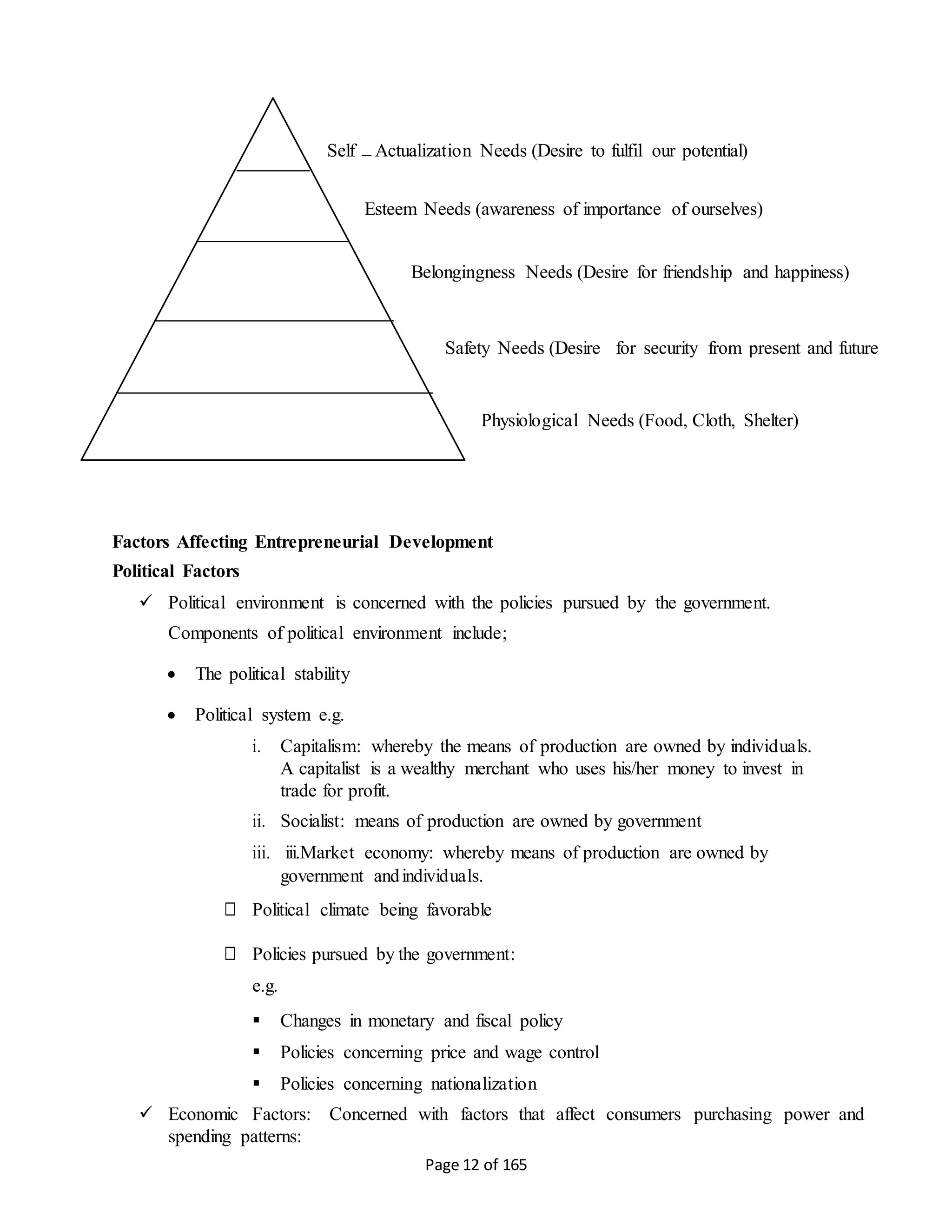Page 12 of 165
Factors Affecting Entrepreneurial Development
Political Factors
 Political environment is concerned with the policies pursued by the government.
Components of political environment include;
 The political stability
 Political system e.g.
i. Capitalism: whereby the means of production are owned by individuals.
A capitalist is a wealthy merchant who uses his/her money to invest in
trade for profit.
ii. Socialist: means of production are owned by government
iii. iii.Market economy: whereby means of production are owned by
government andindividuals.
□ Political climate being favorable
□ Policies pursued by the government:
e.g.
 Changes in monetary and fiscal policy
 Policies concerning price and wage control
 Policies concerning nationalization
 Economic Factors: Concerned with factors that affect consumers purchasing power and
spending patterns:
Self – Actualization Needs (Desire to fulfil our potential)
Esteem Needs (awareness of importance of ourselves)
Belongingness Needs (Desire for friendship and happiness)
Safety Needs (Desire for security from present and future
Physiological Needs (Food, Cloth, Shelter)
 