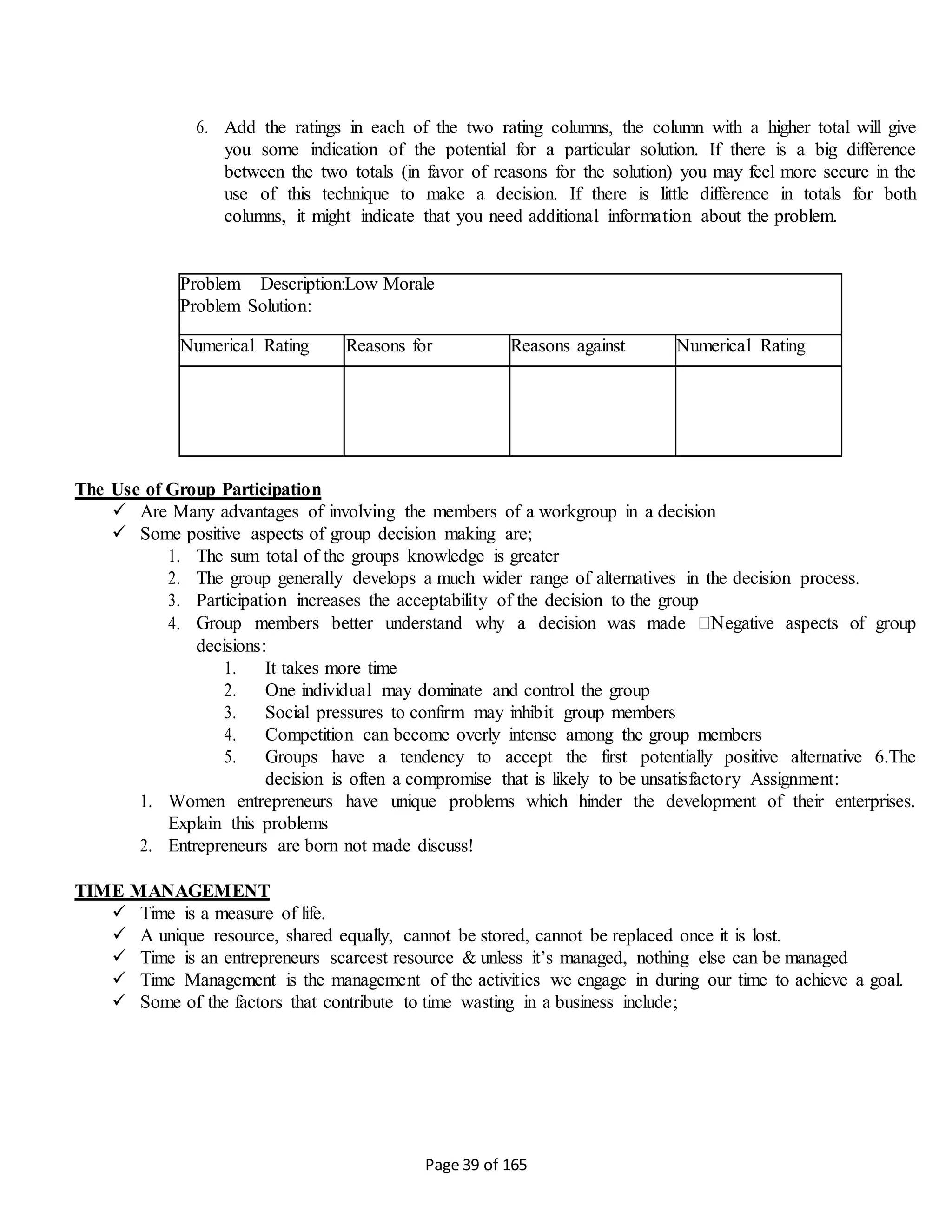 Page 39 of 165
6. Add the ratings in each of the two rating columns, the column with a higher total will give
you some indication of the potential for a particular solution. If there is a big difference
between the two totals (in favor of reasons for the solution) you may feel more secure in the
use of this technique to make a decision. If there is little difference in totals for both
columns, it might indicate that you need additional information about the problem.
Problem Description:
Problem Solution:
Low Morale
Numerical Rating Reasons for Reasons against Numerical Rating
The Use of Group Participation
 Are Many advantages of involving the members of a workgroup in a decision
 Some positive aspects of group decision making are;
1. The sum total of the groups knowledge is greater
2. The group generally develops a much wider range of alternatives in the decision process.
3. Participation increases the acceptability of the decision to the group
4.
decisions:
1. It takes more time
2. One individual may dominate and control the group
3. Social pressures to confirm may inhibit group members
4. Competition can become overly intense among the group members
5. Groups have a tendency to accept the first potentially positive alternative 6.The
decision is often a compromise that is likely to be unsatisfactory Assignment:
1. Women entrepreneurs have unique problems which hinder the development of their enterprises.
Explain this problems
2. Entrepreneurs are born not made discuss!
TIME MANAGEMENT
 Time is a measure of life.
 A unique resource, shared equally, cannot be stored, cannot be replaced once it is lost.
 Time is an entrepreneurs scarcest resource & unless it’s managed, nothing else can be managed
 Time Management is the management of the activities we engage in during our time to achieve a goal.
 Some of the factors that contribute to time wasting in a business include;
 