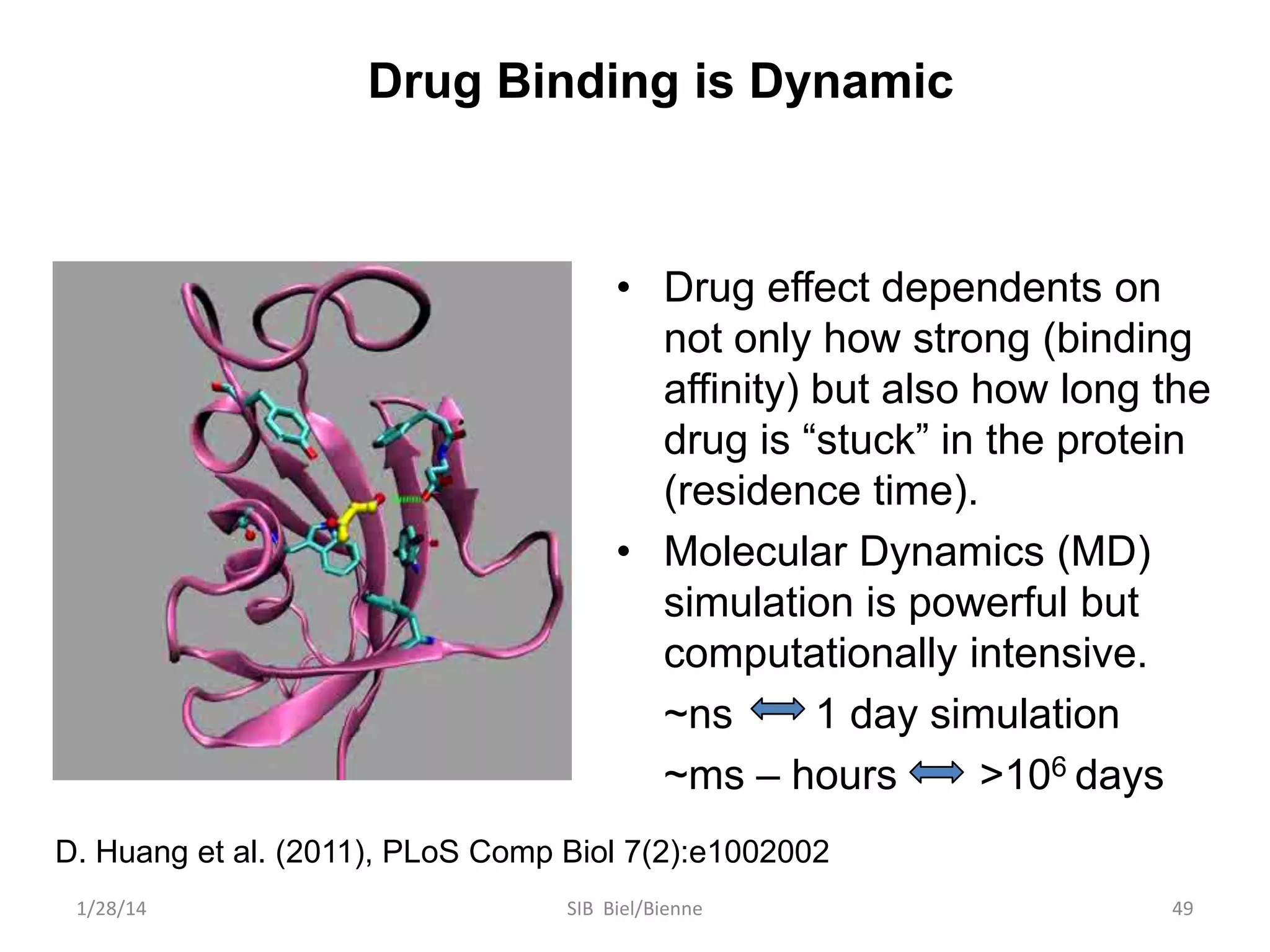 Drug Binding is Dynamic

• Drug effect dependents on
not only how strong (binding
affinity) but also how long the
drug is “stuck” in the protein
(residence time).
• Molecular Dynamics (MD)
simulation is powerful but
computationally intensive.
~ns
1 day simulation
~ms – hours
>106 days
D. Huang et al. (2011), PLoS Comp Biol 7(2):e1002002
1/28/14

SIB Biel/Bienne

49

 