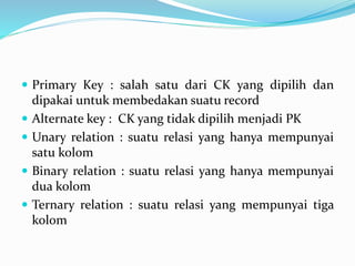  Primary Key : salah satu dari CK yang dipilih dan
dipakai untuk membedakan suatu record
 Alternate key : CK yang tidak dipilih menjadi PK
 Unary relation : suatu relasi yang hanya mempunyai
satu kolom
 Binary relation : suatu relasi yang hanya mempunyai
dua kolom
 Ternary relation : suatu relasi yang mempunyai tiga
kolom
 