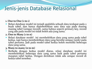 Jenis-jenis Database Relasional
1. One to One (1 to 1)
 Relasi database model ini terjadi apalabila sebuah data terdapat pada 2
buah tabel, dan hanya diperbolehkan satu data saja pada masing
masing tabel (unique record), sama halnya seperti primary key, record
yang ada pada model ini tidak boleh ada yang sama.
2. One to Many (1 to n)
 Relasi database model ini membolehkan data yang sama pada tabel
kedua, tapi hanya membolehkan data yang bersifat unique (unik) pada
tabel pertama. Jadi pada model tabel kedua boleh memiliki beberapa
data yang sama.
3. Many to many (n to m)
 Berbeda dengan kedua model diatas, relasi database model ini
membolehkan beberapa data yang sama baik pada tabel pertama
maupun tabel kedua. Dengan demikian tidak ada unique record di
kedua tabel tersebut.
 