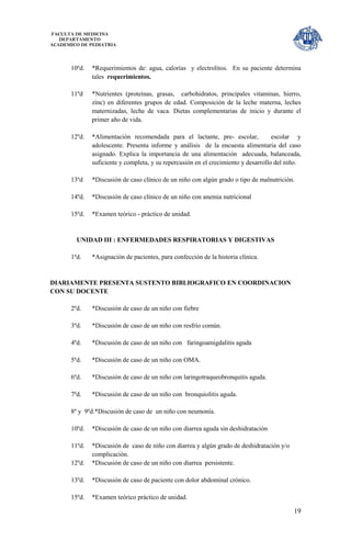 FACULTA DE MEDICINA
   DEPARTAMENTO
ACADEMICO DE PEDIATRIA




      10ºd.   *Requerimientos de: agua, calorías y electrolitos. En su paciente determina
              tales requerimientos.

      11ºd    *Nutrientes (proteínas, grasas, carbohidratos, principales vitaminas, hierro,
              zinc) en diferentes grupos de edad. Composición de la leche materna, leches
              maternizadas, leche de vaca. Dietas complementarias de inicio y durante el
              primer año de vida.

      12ºd.   *Alimentación recomendada para el lactante, pre- escolar,             escolar y
              adolescente. Presenta informe y análisis de la encuesta alimentaria del caso
              asignado. Explica la importancia de una alimentación adecuada, balanceada,
              suficiente y completa, y su repercusión en el crecimiento y desarrollo del niño.

      13ºd    *Discusión de caso clínico de un niño con algún grado o tipo de malnutrición.

      14ºd.   *Discusión de caso clínico de un niño con anemia nutricional

      15ºd.   *Examen teórico - práctico de unidad.


        UNIDAD III : ENFERMEDADES RESPIRATORIAS Y DIGESTIVAS

      1ºd.    *Asignación de pacientes, para confección de la historia clínica.


DIARIAMENTE PRESENTA SUSTENTO BIBLIOGRAFICO EN COORDINACION
CON SU DOCENTE

      2ºd.    *Discusión de caso de un niño con fiebre

      3ºd.    *Discusión de caso de un niño con resfrío común.

      4ºd.    *Discusión de caso de un niño con faringoamigdalitis aguda

      5ºd.    *Discusión de caso de un niño con OMA.

      6ºd.    *Discusión de caso de un niño con laringotraqueobronquitis aguda.

      7ºd.    *Discusión de caso de un niño con bronquiolitis aguda.

      8º y 9ºd.*Discusión de caso de un niño con neumonía.

      10ºd.   *Discusión de caso de un niño con diarrea aguda sin deshidratación

      11ºd.   *Discusión de caso de niño con diarrea y algún grado de deshidratación y/o
              complicación.
      12ºd.   *Discusión de caso de un niño con diarrea persistente.

      13ºd.   *Discusión de caso de paciente con dolor abdominal crónico.

      15ºd.   *Examen teórico práctico de unidad.

                                                                                           19
 