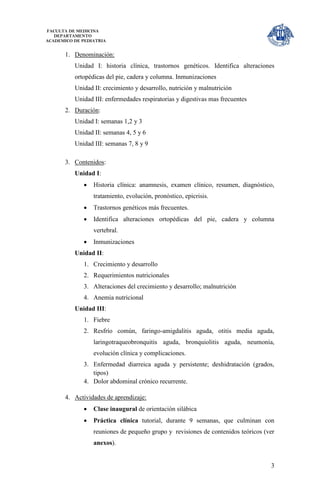 FACULTA DE MEDICINA
   DEPARTAMENTO
ACADEMICO DE PEDIATRIA


       1. Denominación:
          Unidad I: historia clínica, trastornos genéticos. Identifica alteraciones
          ortopédicas del pie, cadera y columna. Inmunizaciones
          Unidad II: crecimiento y desarrollo, nutrición y malnutrición
          Unidad III: enfermedades respiratorias y digestivas mas frecuentes
       2. Duración:
          Unidad I: semanas 1,2 y 3
          Unidad II: semanas 4, 5 y 6
          Unidad III: semanas 7, 8 y 9

       3. Contenidos:
          Unidad I:
                Historia clínica: anamnesis, examen clínico, resumen, diagnóstico,
                 tratamiento, evolución, pronóstico, epicrisis.
                Trastornos genéticos más frecuentes.
                Identifica alteraciones ortopédicas del pie, cadera y columna
                 vertebral.
                Inmunizaciones
          Unidad II:
             1. Crecimiento y desarrollo
             2. Requerimientos nutricionales
             3. Alteraciones del crecimiento y desarrollo; malnutrición
             4. Anemia nutricional
          Unidad III:
             1. Fiebre
             2. Resfrío común, faringo-amigdalitis aguda, otitis media aguda,
                 laringotraqueobronquitis aguda, bronquiolitis aguda, neumonía,
                 evolución clínica y complicaciones.
             3. Enfermedad diarreica aguda y persistente; deshidratación (grados,
                tipos)
             4. Dolor abdominal crónico recurrente.

       4. Actividades de aprendizaje:
                Clase inaugural de orientación silábica
                Práctica clínica tutorial, durante 9 semanas, que culminan con
                 reuniones de pequeño grupo y revisiones de contenidos teóricos (ver
                 anexos).


                                                                                  3
 
