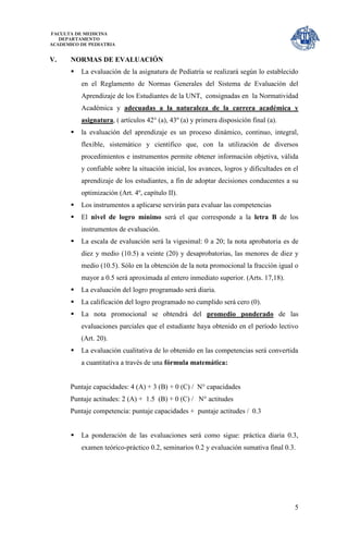FACULTA DE MEDICINA
   DEPARTAMENTO
ACADEMICO DE PEDIATRIA


V.     NORMAS DE EVALUACIÓN
          La evaluación de la asignatura de Pediatría se realizará según lo establecido
           en el Reglamento de Normas Generales del Sistema de Evaluación del
           Aprendizaje de los Estudiantes de la UNT, consignadas en la Normatividad
           Académica y adecuadas a la naturaleza de la carrera académica y
           asignatura, ( artículos 42° (a), 43º (a) y primera disposición final (a).
          la evaluación del aprendizaje es un proceso dinámico, continuo, integral,
           flexible, sistemático y científico que, con la utilización de diversos
           procedimientos e instrumentos permite obtener información objetiva, válida
           y confiable sobre la situación inicial, los avances, logros y dificultades en el
           aprendizaje de los estudiantes, a fin de adoptar decisiones conducentes a su
           optimización (Art. 4º, capítulo II).
          Los instrumentos a aplicarse servirán para evaluar las competencias
          El nivel de logro mínimo será el que corresponde a la letra B de los
           instrumentos de evaluación.
          La escala de evaluación será la vigesimal: 0 a 20; la nota aprobatoria es de
           diez y medio (10.5) a veinte (20) y desaprobatorias, las menores de diez y
           medio (10.5). Sólo en la obtención de la nota promocional la fracción igual o
           mayor a 0.5 será aproximada al entero inmediato superior. (Arts. 17,18).
          La evaluación del logro programado será diaria.
          La calificación del logro programado no cumplido será cero (0).
          La nota promocional se obtendrá del promedio ponderado de las
           evaluaciones parciales que el estudiante haya obtenido en el período lectivo
           (Art. 20).
          La evaluación cualitativa de lo obtenido en las competencias será convertida
           a cuantitativa a través de una fórmula matemática:


      Puntaje capacidades: 4 (A) + 3 (B) + 0 (C) / N° capacidades
      Puntaje actitudes: 2 (A) + 1.5 (B) + 0 (C) / N° actitudes
      Puntaje competencia: puntaje capacidades + puntaje actitudes / 0.3


          La ponderación de las evaluaciones será como sigue: práctica diaria 0.3,
           examen teórico-práctico 0.2, seminarios 0.2 y evaluación sumativa final 0.3.




                                                                                         5
 