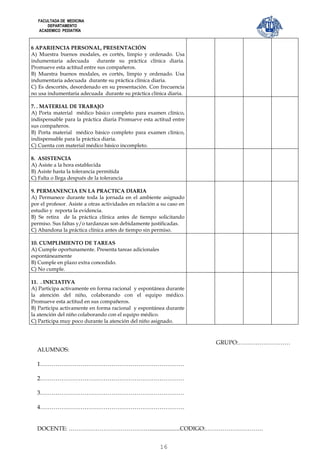 FACULTADA DE MEDICINA
       DEPARTAMENTO
   ACADEMICO PEDIATRÍA



6 APARIENCIA PERSONAL, PRESENTACIÓN
A) Muestra buenos modales, es cortés, limpio y ordenado. Usa
indumentaria adecuada       durante su práctica clínica diaria.
Promueve esta actitud entre sus compañeros.
B) Muestra buenos modales, es cortés, limpio y ordenado. Usa
indumentaria adecuada durante su práctica clínica diaria.
C) Es descortés, desordenado en su presentación. Con frecuencia
no usa indumentaria adecuada durante su práctica clínica diaria.

7. . MATERIAL DE TRABAJO
A) Porta material médico básico completo para examen clínico,
indispensable para la práctica diaria Promueve esta actitud entre
sus compañeros.
B) Porta material médico básico completo para examen clínico,
indispensable para la práctica diaria.
C) Cuenta con material médico básico incompleto.

8. ASISTENCIA
A) Asiste a la hora establecida
B) Asiste hasta la tolerancia permitida
C) Falta o llega después de la tolerancia

9. PERMANENCIA EN LA PRACTICA DIARIA
A) Permanece durante toda la jornada en el ambiente asignado
por el profesor. Asiste a otras actividades en relación a su caso en
estudio y reporta la evidencia.
B) Se retira de la práctica clínica antes de tiempo solicitando
permiso. Sus faltas y/o tardanzas son debidamente justificadas.
C) Abandona la práctica clínica antes de tiempo sin permiso.

10. CUMPLIMIENTO DE TAREAS
A) Cumple oportunamente. Presenta tareas adicionales
espontáneamente
B) Cumple en plazo extra concedido.
C) No cumple.

11. . INICIATIVA
A) Participa activamente en forma racional y espontánea durante
la atención del niño, colaborando con el equipo médico.
Promueve esta actitud en sus compañeros.
B) Participa activamente en forma racional y espontánea durante
la atención del niño colaborando con el equipo médico.
C) Participa muy poco durante la atención del niño asignado.



                                                                       GRUPO:………………………
  ALUMNOS:

  1…………………………………………………………………

  2…………………………………………………………………

  3…………………………………………………………………

  4…………………………………………………………………


  DOCENTE: …………………………………….....................CODIGO:…………………………


                                                         16
 