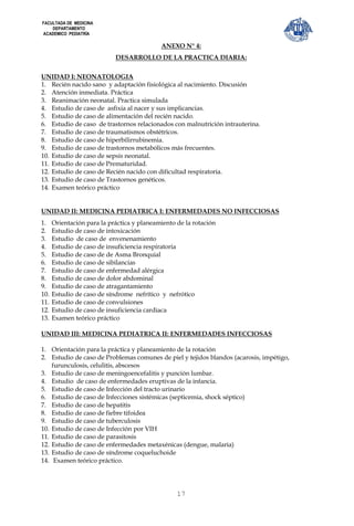 FACULTADA DE MEDICINA
    DEPARTAMENTO
ACADEMICO PEDIATRÍA

                                            ANEXO N° 4:
                            DESARROLLO DE LA PRACTICA DIARIA:


UNIDAD I: NEONATOLOGIA
1. Recién nacido sano y adaptación fisiológica al nacimiento. Discusión
2. Atención inmediata. Práctica
3. Reanimación neonatal. Practica simulada
4. Estudio de caso de asfixia al nacer y sus implicancias.
5. Estudio de caso de alimentación del recién nacido.
6. Estudio de caso de trastornos relacionados con malnutrición intrauterina.
7. Estudio de caso de traumatismos obstétricos.
8. Estudio de caso de hiperbilirrubinemia.
9. Estudio de caso de trastornos metabólicos más frecuentes.
10. Estudio de caso de sepsis neonatal.
11. Estudio de caso de Prematuridad.
12. Estudio de caso de Recién nacido con dificultad respiratoria.
13. Estudio de caso de Trastornos genéticos.
14. Examen teórico práctico


UNIDAD II: MEDICINA PEDIATRICA I: ENFERMEDADES NO INFECCIOSAS
1.    Orientación para la práctica y planeamiento de la rotación
2.    Estudio de caso de intoxicación
3.    Estudio de caso de envenenamiento
4.    Estudio de caso de insuficiencia respiratoria
5.    Estudio de caso de de Asma Bronquial
6.    Estudio de caso de sibilancias
7.    Estudio de caso de enfermedad alérgica
8.    Estudio de caso de dolor abdominal
9.    Estudio de caso de atragantamiento
10.   Estudio de caso de síndrome nefrítico y nefrótico
11.   Estudio de caso de convulsiones
12.   Estudio de caso de insuficiencia cardiaca
13.   Examen teórico práctico

UNIDAD III: MEDICINA PEDIATRICA II: ENFERMEDADES INFECCIOSAS

1. Orientación para la práctica y planeamiento de la rotación
2. Estudio de caso de Problemas comunes de piel y tejidos blandos (acarosis, impétigo,
    furunculosis, celulitis, abscesos
3. Estudio de caso de meningoencefalitis y punción lumbar.
4. Estudio de caso de enfermedades eruptivas de la infancia.
5. Estudio de caso de Infección del tracto urinario
6. Estudio de caso de Infecciones sistémicas (septicemia, shock séptico)
7. Estudio de caso de hepatitis
8. Estudio de caso de fiebre tifoidea
9. Estudio de caso de tuberculosis
10. Estudio de caso de Infección por VIH
11. Estudio de caso de parasitosis
12. Estudio de caso de enfermedades metaxénicas (dengue, malaria)
13. Estudio de caso de síndrome coqueluchoide
14. Examen teórico práctico.




                                                  17
 