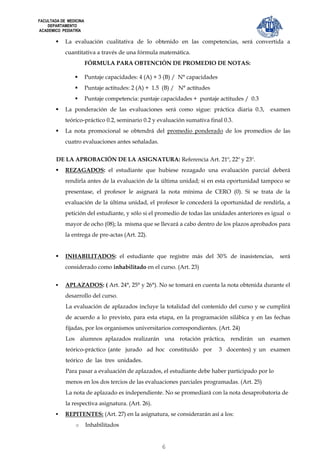 FACULTADA DE MEDICINA
    DEPARTAMENTO
ACADEMICO PEDIATRÍA

           La evaluación cualitativa de lo obtenido en las competencias, será convertida a
            cuantitativa a través de una fórmula matemática.
                        FÓRMULA PARA OBTENCIÓN DE PROMEDIO DE NOTAS:

                       Puntaje capacidades: 4 (A) + 3 (B) / N° capacidades
                       Puntaje actitudes: 2 (A) + 1.5 (B) / N° actitudes
                       Puntaje competencia: puntaje capacidades + puntaje actitudes / 0.3
           La ponderación de las evaluaciones será como sigue: práctica diaria 0.3,          examen
            teórico-práctico 0.2, seminario 0.2 y evaluación sumativa final 0.3.
           La nota promocional se obtendrá del promedio ponderado de los promedios de las
            cuatro evaluaciones antes señaladas.


        DE LA APROBACIÓN DE LA ASIGNATURA: Referencia Art. 21º, 22º y 23º.
           REZAGADOS: el estudiante que hubiese rezagado una evaluación parcial deberá
            rendirla antes de la evaluación de la última unidad; si en esta oportunidad tampoco se
            presentase, el profesor le asignará la nota mínima de CERO (0). Si se trata de la
            evaluación de la última unidad, el profesor le concederá la oportunidad de rendirla, a
            petición del estudiante, y sólo si el promedio de todas las unidades anteriores es igual o
            mayor de ocho (08); la misma que se llevará a cabo dentro de los plazos aprobados para
            la entrega de pre-actas (Art. 22).


           INHABILITADOS: el estudiante que registre más del 30% de inasistencias,              será
            considerado como inhabilitado en el curso. (Art. 23)


           APLAZADOS: ( Art. 24°, 25° y 26°). No se tomará en cuenta la nota obtenida durante el
            desarrollo del curso.
            La evaluación de aplazados incluye la totalidad del contenido del curso y se cumplirá
            de acuerdo a lo previsto, para esta etapa, en la programación silábica y en las fechas
            fijadas, por los organismos universitarios correspondientes. (Art. 24)
            Los alumnos aplazados realizarán una rotación práctica, rendirán un examen
            teórico-práctico (ante jurado ad hoc constituído por              3 docentes) y un examen
            teórico de las tres unidades.
            Para pasar a evaluación de aplazados, el estudiante debe haber participado por lo
            menos en los dos tercios de las evaluaciones parciales programadas. (Art. 25)
            La nota de aplazado es independiente. No se promediará con la nota desaprobatoria de
            la respectiva asignatura. (Art. 26).
           REPITENTES: (Art. 27) en la asignatura, se considerarán así a los:
                 o      Inhabilitados


                                                      6
 