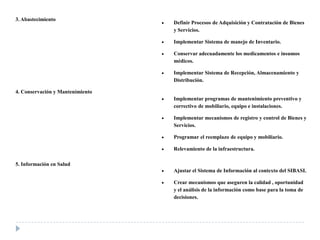 3. Abastecimiento
Definir Procesos de Adquisición y Contratación de Bienes
y Servicios.
Implementar Sistema de manejo de Inventario.
Conservar adecuadamente los medicamentos e insumos
médicos.
Implementar Sistema de Recepción, Almacenamiento y
Distribución.
4. Conservación y Mantenimiento
Implementar programas de mantenimiento preventivo y
correctivo de mobiliario, equipo e instalaciones.
Implementar mecanismos de registro y control de Bienes y
Servicios.
Programar el reemplazo de equipo y mobiliario.
Relevamiento de la infraestructura.
5. Información en Salud
Ajustar el Sistema de Información al contexto del SIBASI.
Crear mecanismos que aseguren la calidad , oportunidad
y el análisis de la información como base para la toma de
decisiones.
 