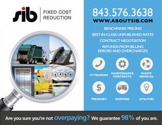 BENCHMARKPRICING
CONTRACTNEGOTIATION
BEST-IN-CLASS UNPUBLISHED RATES
REFUNDSFROMBILLING
ERRORSANDOVERCHARGES
IT/TELECOM
MAINTENANCE
CONTRACTS
WASTE
REMOVAL
TREASURY UTILITIESSHIPPING
843.576.3638
WWW.ABOUTSIB.COM
Are you sure you’re not overpaying? We guarantee 98%of you are.
 