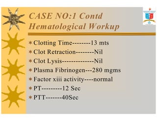 CASE NO:1 Contd 
Hematological Workup 
Clotting Time--------13 mts 
Clot Retraction--------Nil 
Clot Lysis--------------Nil 
Plasma Fibrinogen---280 mgms 
Factor xiii activity----normal 
PT---------12 Sec 
PTT-------40Sec 
 