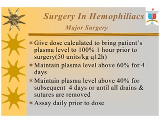 Surgery In Hemophiliacs 
Major Surgery 
Give dose calculated to bring patient’s 
plasma level to 100% 1 hour prior to 
surgery(50 units/kg q12h) 
Maintain plasma level above 60% for 4 
days 
Maintain plasma level above 40% for 
subsequent 4 days or until all drains  
sutures are removed 
Assay daily prior to dose 
 