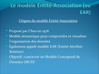 Origine du modèle Entité-Association
 Proposé par Chen en 1976
 Modèle sémantique pour comprendre et visualiser
l’organisation des données
 Également appelé modèle EAR (Entité-Attribut-
Relation)
 Objectif : concevoir un Modèle Conceptuel de
Données (MCD)
 