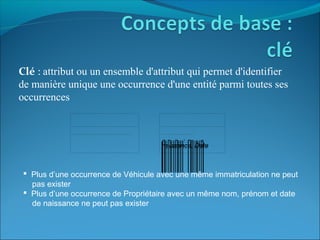 Clé : attribut ou un ensemble d'attribut qui permet d'identifier
de manière unique une occurrence d'une entité parmi toutes ses
occurrences
 Plus d’une occurrence de Véhicule avec une même immatriculation ne peut
pas exister
 Plus d’une occurrence de Propriétaire avec un même nom, prénom et date
de naissance ne peut pas exister
 