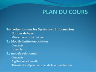 Introduction sur les Systèmes d’Information
Notions de base
Mise en œuvre technique
Le Modèle Entité-Association
Concepts
Exemple
Le modèle relationnel
Concepts
Algèbre relationnelle
Théorie des dépendances et de la normalisation
 