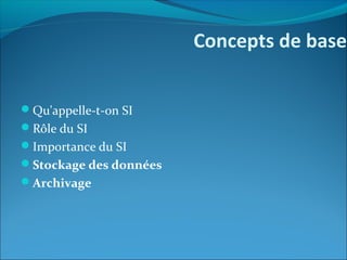 Concepts de base
Qu'appelle-t-on SI
Rôle du SI
Importance du SI
Stockage des données
Archivage
 